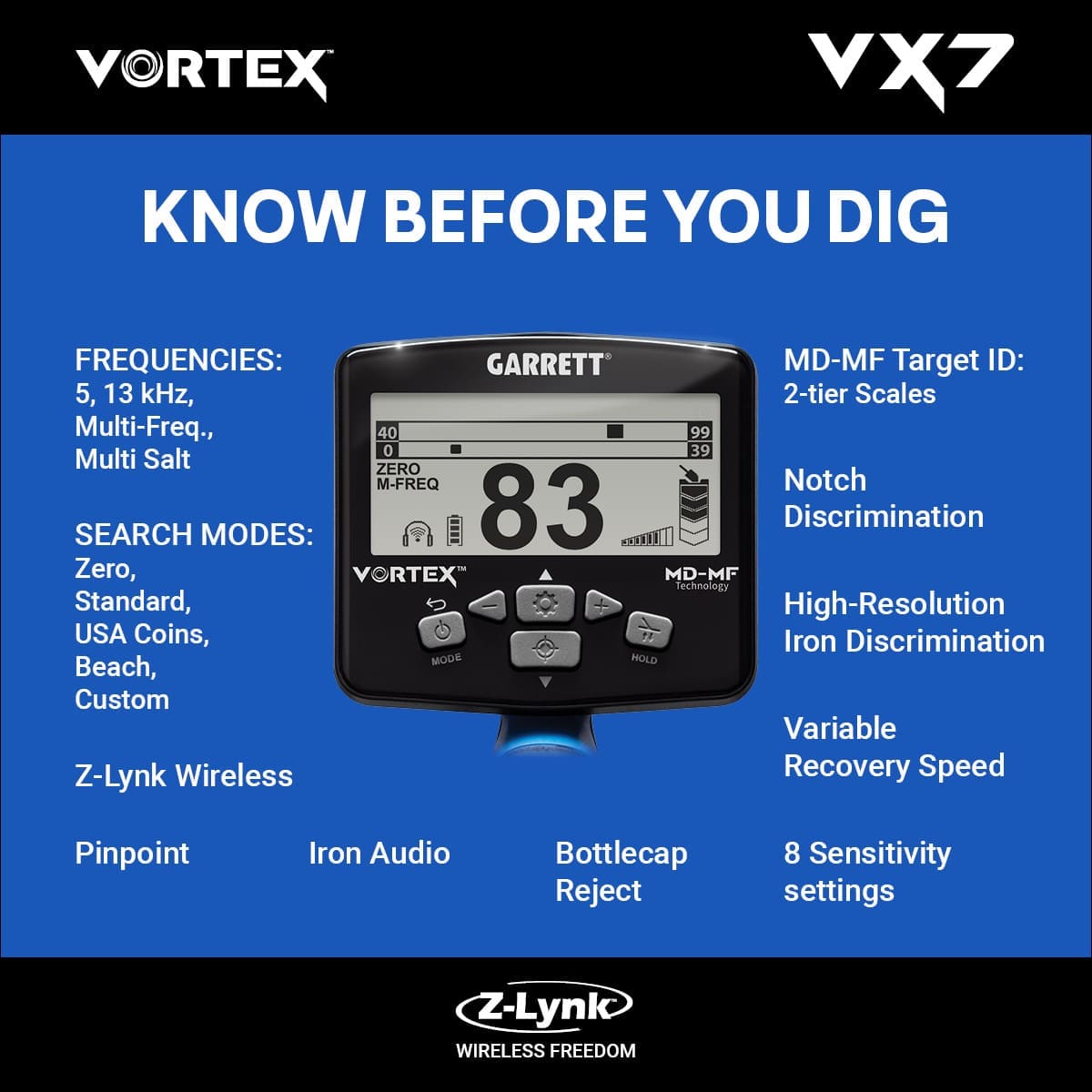 İzmir Garrett Vortex VX7 Dedektör - VX7 hedef ID ekranı, iki katmanlı MD-MF okuma ile demir ve iletken hedefleri ayırmaya yardım eder.